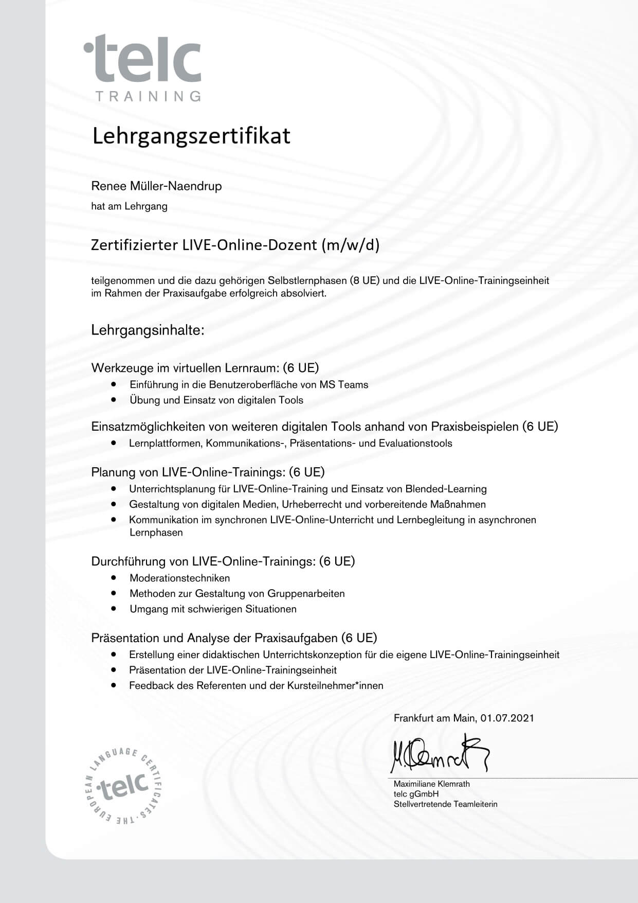 Certificado del curso LIVE online conferenciante Renée Müller-Naendrup